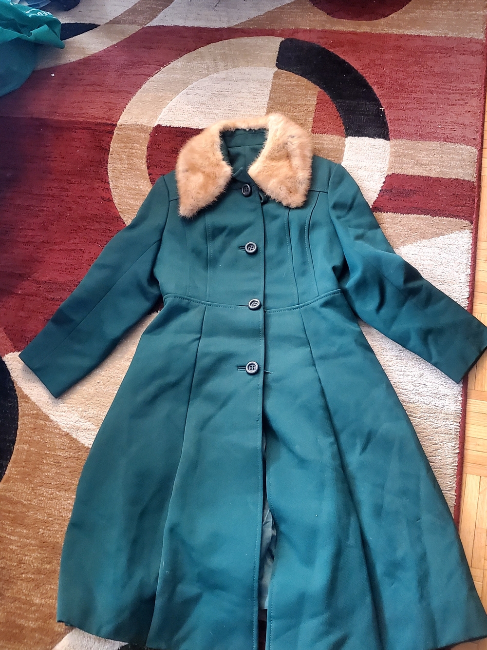 Classic Teal Women's Long Coat with Faux Fur Collar